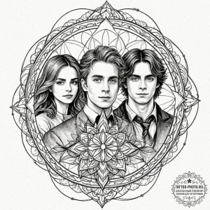 A sketch of the golden trio: harry, ron, and... - эскиз тату (№1753065590_0, 21.07.2025 02:39) — tattoo-photo.ru