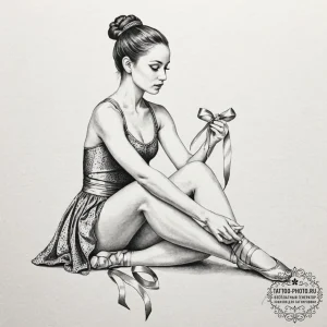 A ballerina tying the ribbons on her pointe s... - эскиз тату (№1753072288_0, 21.07.2025 04:31) — tattoo-photo.ru