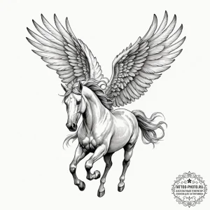 A linework tattoo of a pegasus in flight., in... - эскиз тату (№1753072370_0, 21.07.2025 04:32) — tattoo-photo.ru