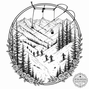 The view from a ski lift, looking down at ski... - эскиз тату (№1753073278_0, 21.07.2025 04:47) — tattoo-photo.ru