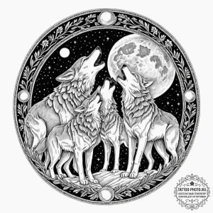 Tattoo design a wolf pack howling together un... - эскиз тату (№1753077412_0, 21.07.2025 05:56) — tattoo-photo.ru