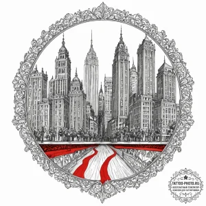 Reflections of a city skyline in the glass fa... - эскиз тату (№1753083493_0, 21.07.2025 07:38) — tattoo-photo.ru