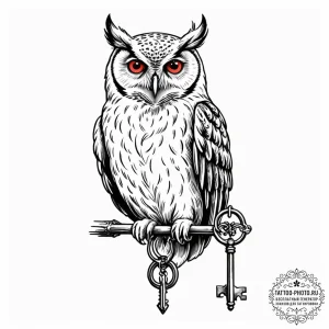 Owl with key, tattoo line art, black and red... - эскиз тату (№1753083906_0, 21.07.2025 07:45) — tattoo-photo.ru