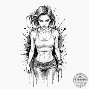 A sketch of the "final girl" trope, a determi... - эскиз тату (№1753084650_0, 21.07.2025 07:57) — tattoo-photo.ru