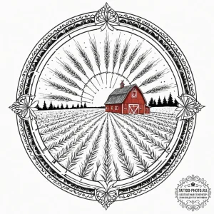A classic red barn in a field of golden wheat... - эскиз тату (№1753084734_0, 21.07.2025 07:58) — tattoo-photo.ru