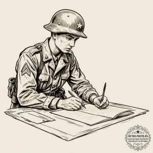 A world war ii soldier writing a letter home... - эскиз тату (№1753086145_0, 21.07.2025 08:22) — tattoo-photo.ru