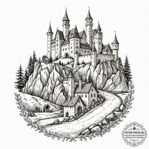 Tattoo design a medieval village with a castl... - эскиз тату (№1753087057_0, 21.07.2025 08:37) — tattoo-photo.ru