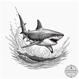 A great white shark breaching the water, capt... - эскиз тату (№1753088467_0, 21.07.2025 09:01) — tattoo-photo.ru