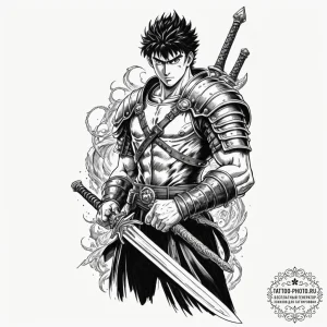 A graphic novel panel of guts from berserk, w... - эскиз тату (№1753096177_0, 21.07.2025 11:09) — tattoo-photo.ru