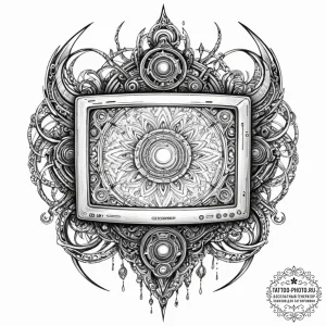 Tattoo design a stylized gaming monitor with... - эскиз тату (№1753096507_0, 21.07.2025 11:15) — tattoo-photo.ru