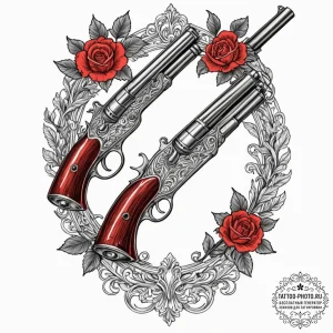 A linework tattoo of the two antique shotguns... - эскиз тату (№1753098335_0, 21.07.2025 11:45) — tattoo-photo.ru
