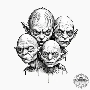 A sketch of gollum/smeagol, his face split be... - эскиз тату (№1753109736_0, 21.07.2025 14:55) — tattoo-photo.ru