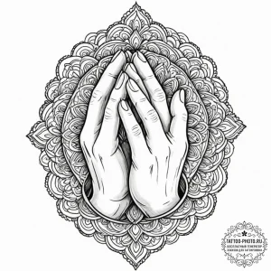 Praying hands, ink illustration for tattoo, b... - эскиз тату (№1753110159_0, 21.07.2025 15:02) — tattoo-photo.ru