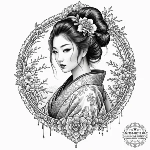 Geisha, artistic tattoo sketch, black and whi... - эскиз тату (№1753119888_0, 21.07.2025 17:44) — tattoo-photo.ru
