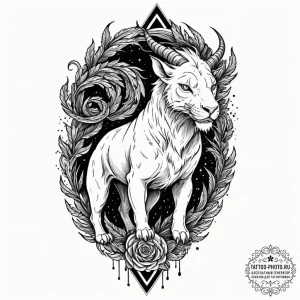 Chimera, ink illustration for tattoo, on a cl... - эскиз тату (№1753124624_0, 21.07.2025 19:03) — tattoo-photo.ru