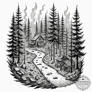 A graphic novel style tattoo of the burning v... - эскиз тату (№1753124706_0, 21.07.2025 19:05) — tattoo-photo.ru