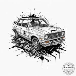 A trash polka tattoo of the car crash scene f... - эскиз тату (№1753126235_0, 21.07.2025 19:30) — tattoo-photo.ru