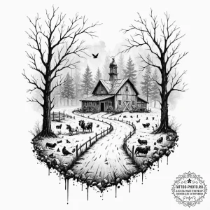A linework tattoo of the mysterious farm from... - эскиз тату (№1753128443_0, 21.07.2025 20:07) — tattoo-photo.ru