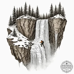 A person ice climbing up a frozen waterfall.,... - эскиз тату (№1753132430_0, 21.07.2025 21:13) — tattoo-photo.ru