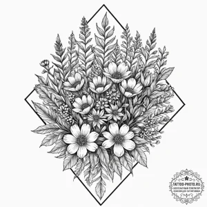 Tattoo design a cluster of wildflowers, each... - эскиз тату (№1753132604_0, 21.07.2025 21:16) — tattoo-photo.ru