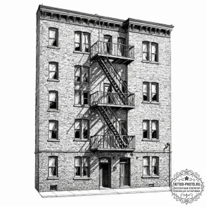 A fire escape on the side of a classic brick... - эскиз тату (№1753132860_0, 21.07.2025 21:21) — tattoo-photo.ru