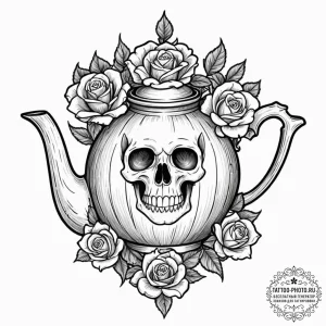Teapot, ink illustration for tattoo, on a cle... - эскиз тату (№1753134586_0, 21.07.2025 21:49) — tattoo-photo.ru