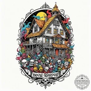 A trash polka design of the house from house... - эскиз тату (№1753139347_0, 21.07.2025 23:09) — tattoo-photo.ru