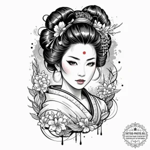 A sketch of the geisha hologram advertisement... - эскиз тату (№1753139432_0, 21.07.2025 23:10) — tattoo-photo.ru