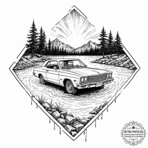 A linework tattoo of the car sinking in the l... - эскиз тату (№1753140549_0, 21.07.2025 23:29) — tattoo-photo.ru