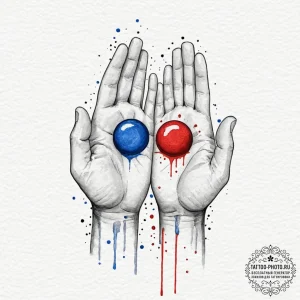 A dotwork tattoo of the red pill and the blue... - эскиз тату (№1753141316_0, 21.07.2025 23:41) — tattoo-photo.ru