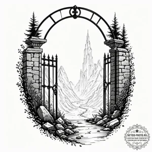 A graphic novel panel of the gate to the upsi... - эскиз тату (№1753141913_0, 21.07.2025 23:51) — tattoo-photo.ru