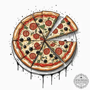 Tattoo sketch a slice of pizza on one, a piec... - эскиз тату (№1753143271_0, 22.07.2025 00:14) — tattoo-photo.ru