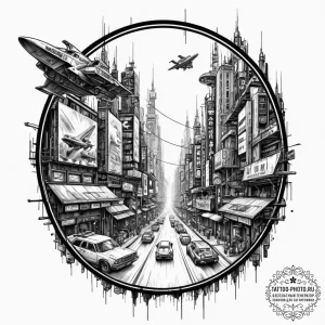 Tattoo sketch a cyberpunk city with flying ve... - эскиз тату (№1753143784_0, 22.07.2025 00:23) — tattoo-photo.ru