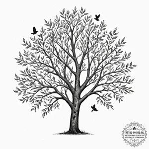 Tattoo design a tree whose leaves are tiny bi... - эскиз тату (№1753144283_0, 22.07.2025 00:31) — tattoo-photo.ru