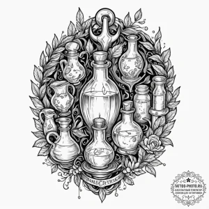 Tattoo sketch a stylized potion belt with var... - эскиз тату (№1753149870_0, 22.07.2025 02:04) — tattoo-photo.ru