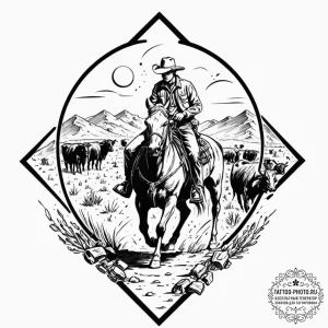 A shot of a lone cowboy herding cattle at sun... - эскиз тату (№1753150557_0, 22.07.2025 02:15) — tattoo-photo.ru