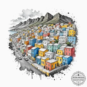 The colorful houses of bo-kaap in cape town,... - эскиз тату (№1753156071_0, 22.07.2025 03:47) — tattoo-photo.ru