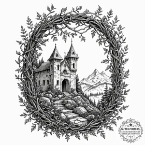 Tattoo design an ancient ruin covered in vine... - эскиз тату (№1753158651_0, 22.07.2025 04:30) — tattoo-photo.ru