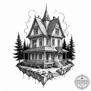 A linework tattoo of the strange house from s... - эскиз тату (№1753159517_0, 22.07.2025 04:45) — tattoo-photo.ru