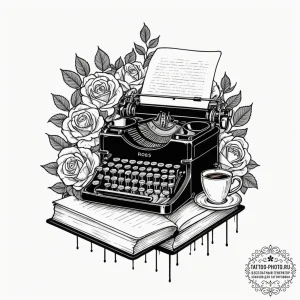A cozy, messy writer's desk with a vintage ty... - эскиз тату (№1753160074_0, 22.07.2025 04:54) — tattoo-photo.ru