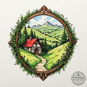 A watercolor sketch of the shire, with bag en... - эскиз тату (№1753165746_0, 22.07.2025 06:29) — tattoo-photo.ru
