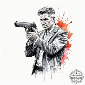 Graphic novel style panel of rick deckard aim... - эскиз тату (№1753166929_0, 22.07.2025 06:48) — tattoo-photo.ru