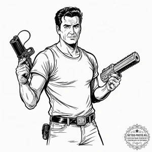 A graphic novel panel of ash williams from th... - эскиз тату (№1753172059_0, 22.07.2025 08:14) — tattoo-photo.ru