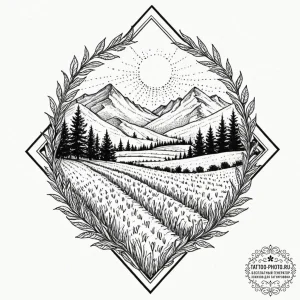 Tattoo design: a landscape of fertile fields... - эскиз тату (№1753177341_0, 22.07.2025 09:42) — tattoo-photo.ru