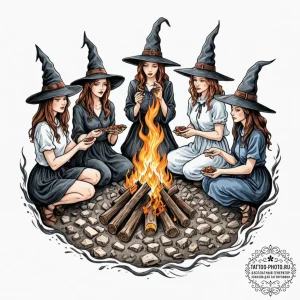 A coven of witches around a fire, artistic ta... - эскиз тату (№1753181526_0, 22.07.2025 10:52) — tattoo-photo.ru