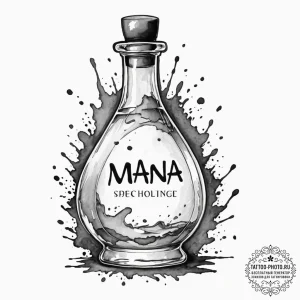 Tattoo sketch a potion bottle labeled "mana"... - эскиз тату (№1753190586_0, 22.07.2025 13:23) — tattoo-photo.ru