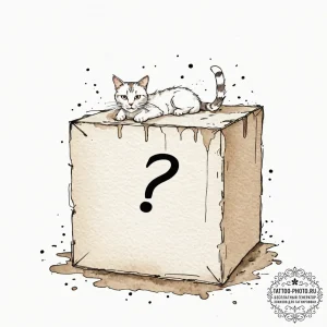 Schrodinger's cat (box with question mark), c... - эскиз тату (№1753192111_0, 22.07.2025 13:48) — tattoo-photo.ru