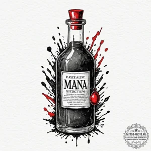 Tattoo sketch a potion bottle labeled "mana"... - эскиз тату (№1753194403_0, 22.07.2025 14:26) — tattoo-photo.ru