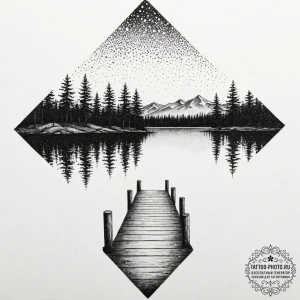 An old wooden pier stretching out into a calm... - эскиз тату (№1753209918_0, 22.07.2025 18:45) — tattoo-photo.ru