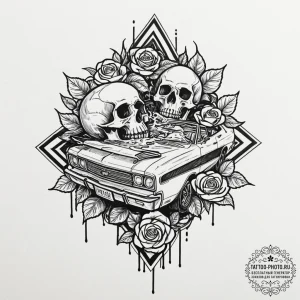 A linework tattoo of the car sinking in the l... - эскиз тату (№1753210071_0, 22.07.2025 18:47) — tattoo-photo.ru